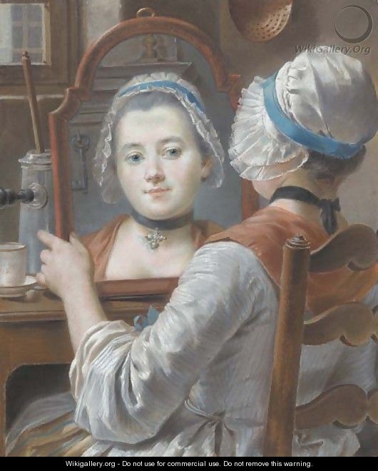 A girl wearing a bonnet, looking at herself in a mirror - French School