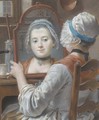 A girl wearing a bonnet, looking at herself in a mirror - French School