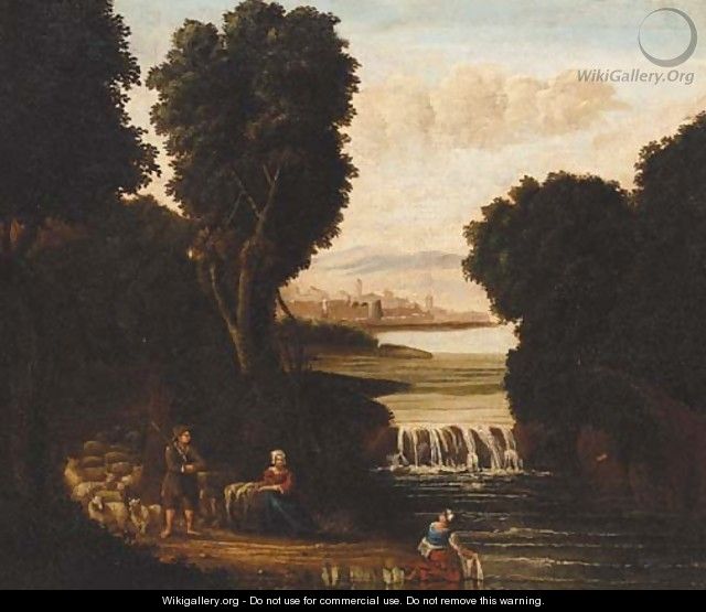 Peasants and sheep by a weir with a town beyond - French School