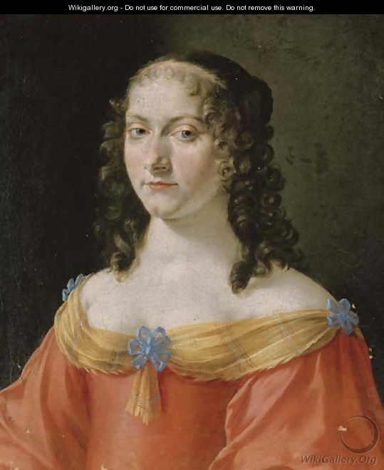 Portrait of a lady, half-length, in a red and gold dress - French School