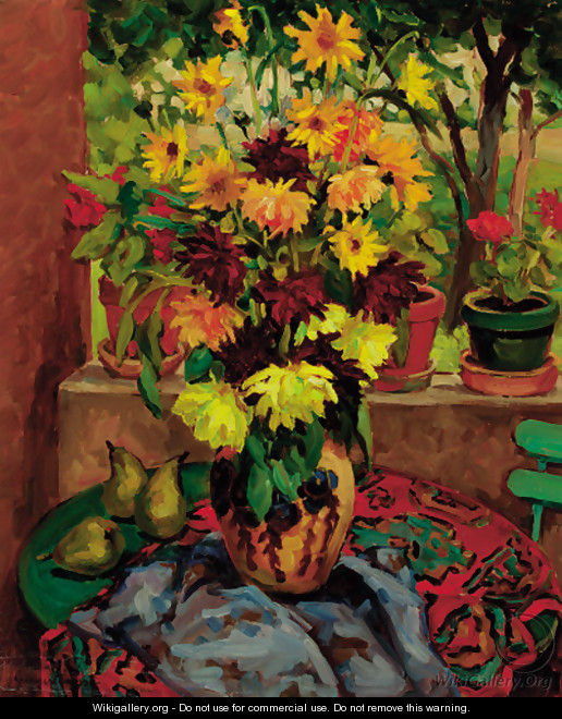 Summer flowers in a vase - French School
