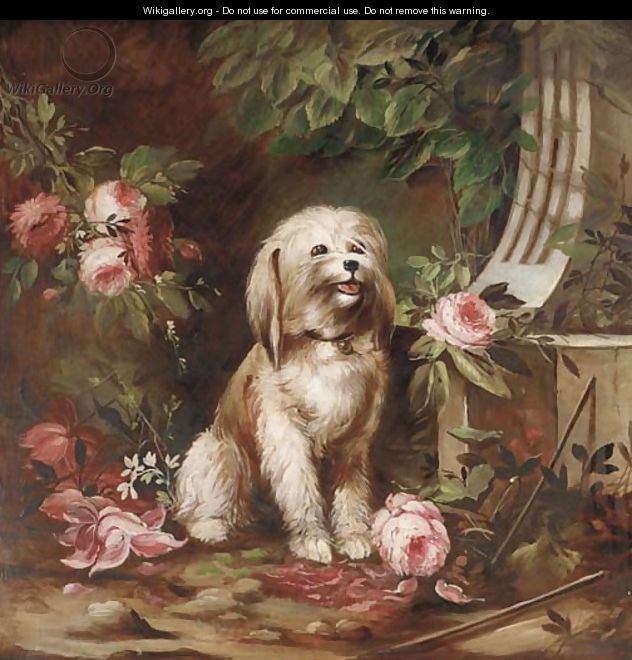 A terrier in a rose bower - French School