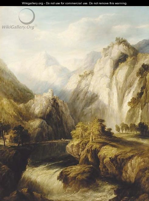 A mountainous river landscape with figures on a bridge and a town beyond - Frederick Henry Henshaw