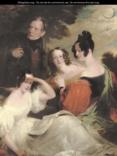 Portrait of Robert Robertson, 9th Laird of Auchleeks (1777-1859), in a green jacket and red waistcoat, with his wife Bridget, in a red and black dress - Frederick Richard Say