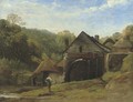 An overshot mill in a wooded landscape with a figure in the foreground - Frederick Richard Lee