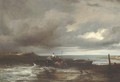 An estuary scene with figures unloading a ferry - Frederick Richard Lee