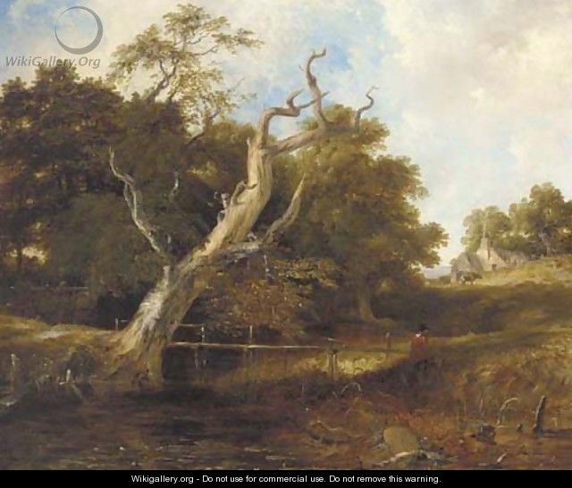 A figure by a river in a wooded river landscape - Frederick Richard Lee