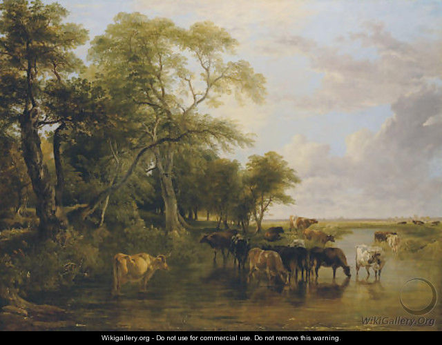 A Woody River Scene, with Cows Watering - Frederick Richard Lee