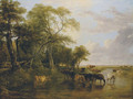 A Woody River Scene, with Cows Watering - Frederick Richard Lee