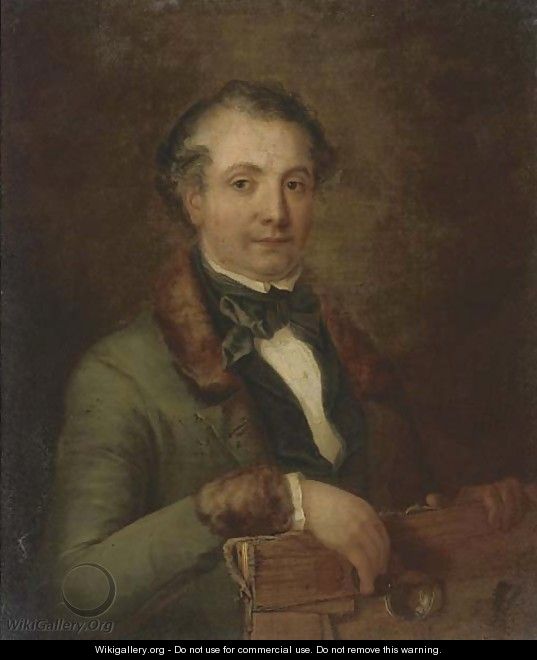 Portrait of a gentleman, traditionally identified as a member of the Holden family, half-length, holding an unframed canvas and quizzing glass - Frederick Lee Bridell