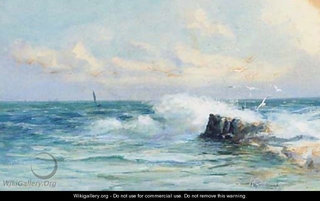 Waves crashing on the rocks with seagulls playing above - William Harrison Scarborough