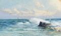 Waves crashing on the rocks with seagulls playing above - William Harrison Scarborough