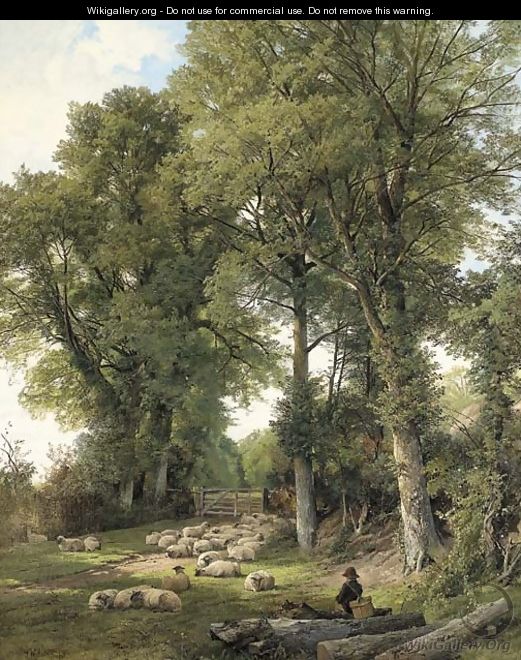 Sheep resting in a woodland glade, a traveller looking on - Frederick William Hulme