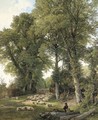 Sheep resting in a woodland glade, a traveller looking on - Frederick William Hulme