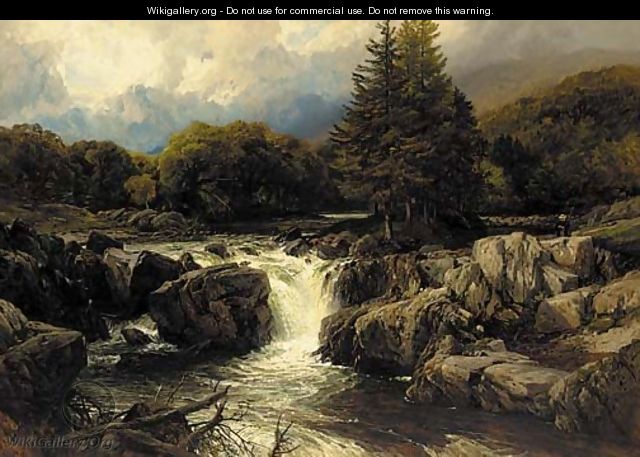 An angler in a Welsh river landscape - Frederick William Hulme