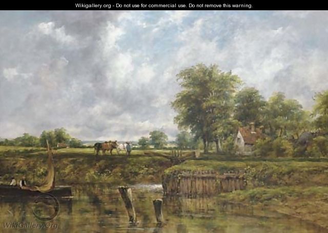 Wooded River Landscape, With A Cottage By A Lock, A Barge, And A Figure With Horses On The Towpath - Frederick Waters Watts