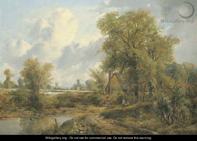Wooded landscape with figures by a cottage and a church beyond - Frederick Waters Watts