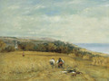 Harvesters in a cornfield on the Isle of Wight, Flambro castle beyond - Frederick Waters Watts