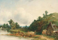 Figures by a river in a wooded landscape, a cottage in the foreground and a village beyond - Frederick Waters Watts