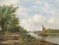 Barges on a river in a sunlit landscape - Frederick Waters Watts