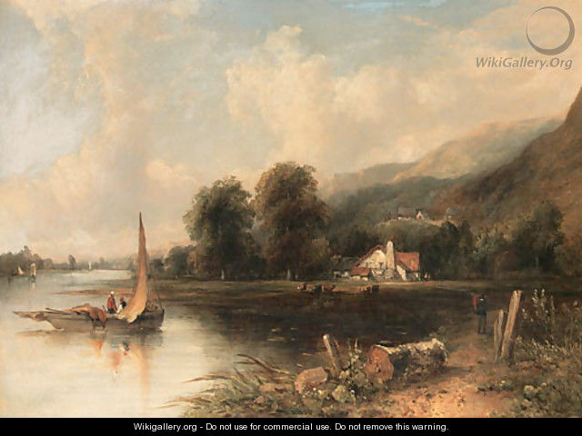 An extensive wooded River Landscape with fishermen in the foreground and cattle and a cottage beyond - Frederick Waters Watts
