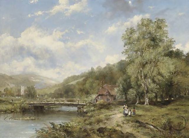 A Wooded River Landscape, With Figures On A Path By A Bridge, A Village Beyond - Frederick Waters Watts