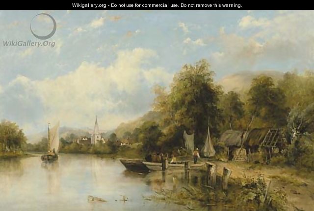 A wooded river landscape with a ferry in the foreground and a village beyond, traditionally identified as 