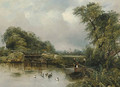 A wooded river landscape with a barge by a lock, a village beyond - Frederick Waters Watts