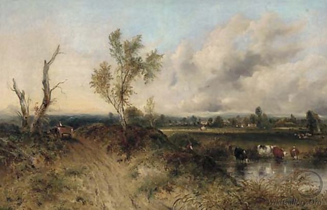 A drover with cattle watering in a extensive landscape - Frederick Waters Watts