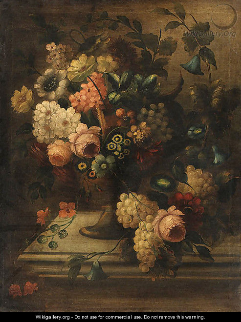 Flowers in a Vase and Grapes on a stone Plinth - French School
