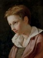 Portrait of a young boy, in a grey vest and red jacket - French School