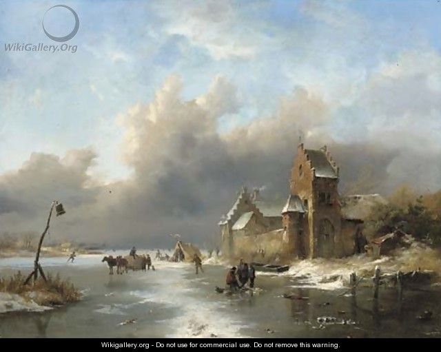 Winter landscape with figures on a frozen river - Frederik Marianus Kruseman