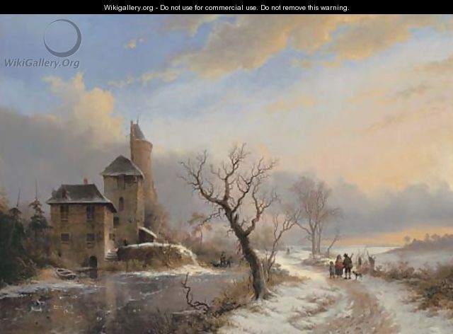 Winter landscape with figures near a city gate - Frederik Marianus Kruseman