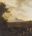 An extensive river landscape with a goatherd playing a pipe and two peasants dancing - Frederick De Moucheron