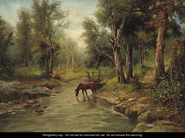 A Horse watering in a wooded River Landscape - Frederico Capuano