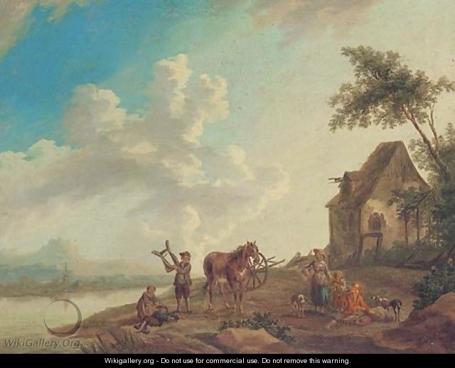 A river landscape with peasants making music by a cottage - Franz Hochecker