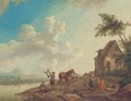A river landscape with peasants making music by a cottage - Franz Hochecker