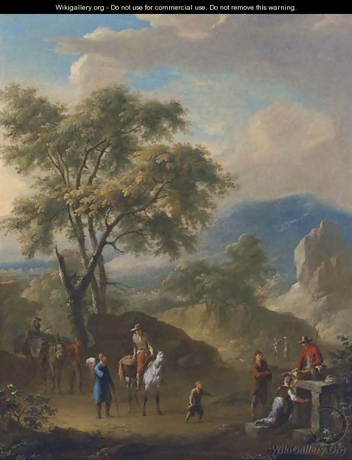 A mountainous landscape with peasants travelling on a path - Franz Ferg