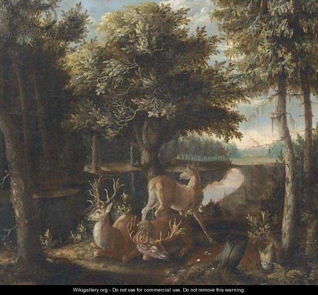 A wooded landscape with two stags and a deer in a clearing by a river - Franz Rosen Von Rosenhoff