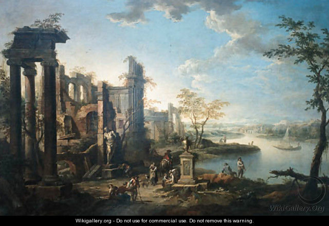 An Italianate river landscape with figures resting by classical ruins - Frans Christoph Janneck