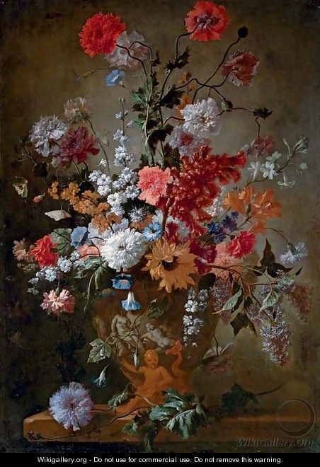 Roses, carnations, a sunflower and other flowers in a classical urn, on stone ledge - Franz Werner von Tamm