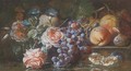 Grapes on the vine, figs, peaches, roses and morning glory resting on a stone ledge before a pool of water - Franz Werner von Tamm