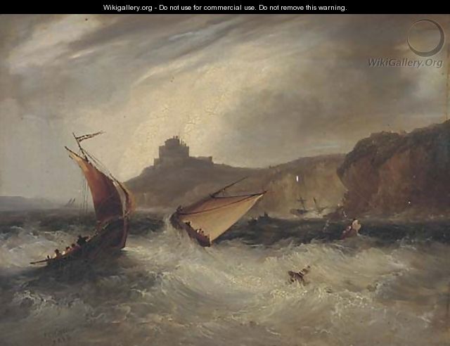 Fishing boats in a heavy swell off a fortified headland - Frederick Calvert