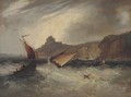 Fishing boats in a heavy swell off a fortified headland - Frederick Calvert