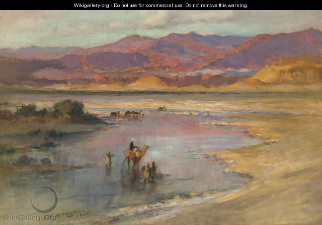 Crossing an Oasis, with the Atlas Mountains in the Distance, Morocco - Frederick Arthur Bridgman