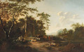 Shepherds with cattle and sheep by a fountain in an Italianate landscape, at sunset - Frederick De Moucheron