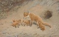 A fox with her cubs before their den - Frank Paton
