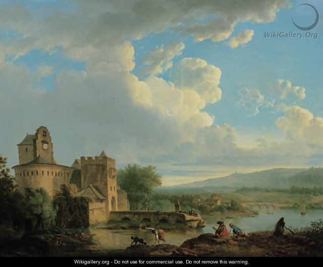 An extensive river landscape with a castle, an artist sketching on the bank in the foreground - Francis Leonard Dupont