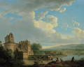 An extensive river landscape with a castle, an artist sketching on the bank in the foreground - Francis Leonard Dupont