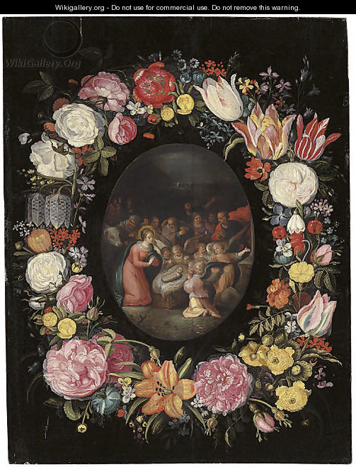 The Adoration of the Shepherds surrounded by a floral garland - Frans II Francken